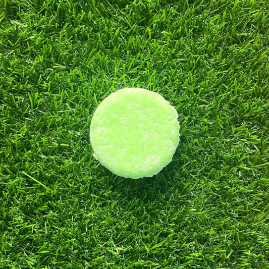 a green Tea Tree + Peppermint Shampoo Bar On gras