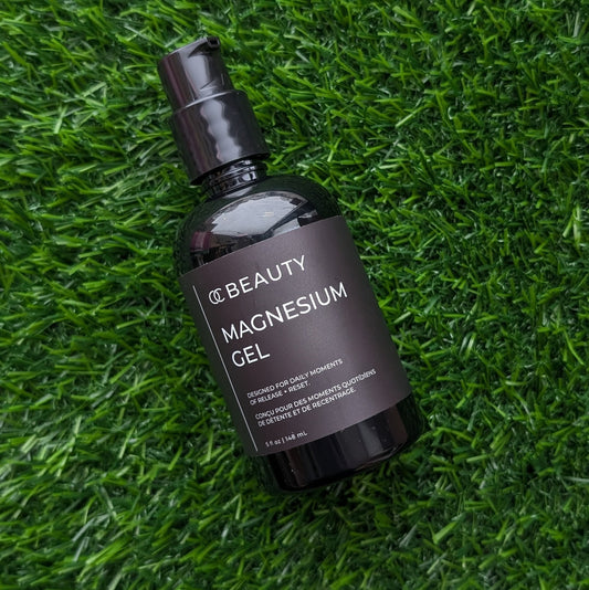 Bottle of magnesium gel on a grassy background